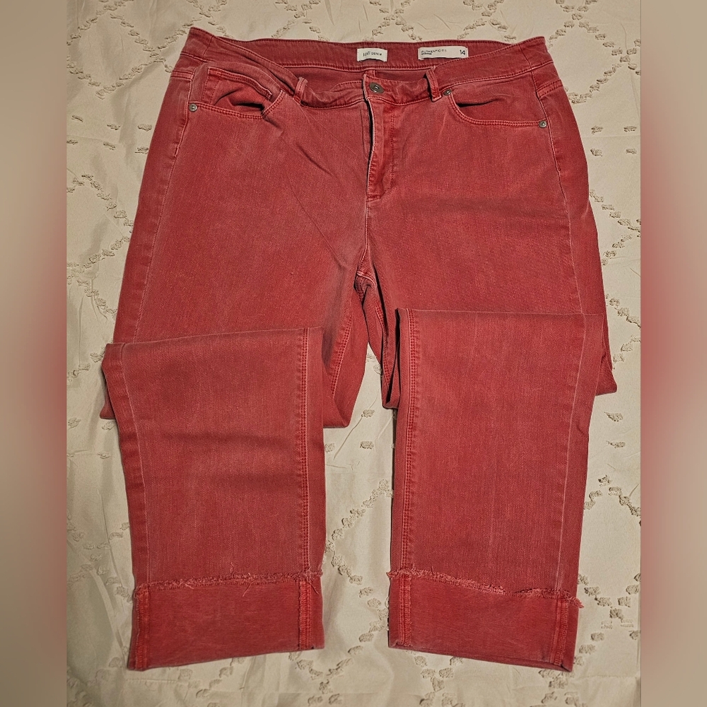 J Jill Cropped Raw Hem Coral Denim Pants Size 14